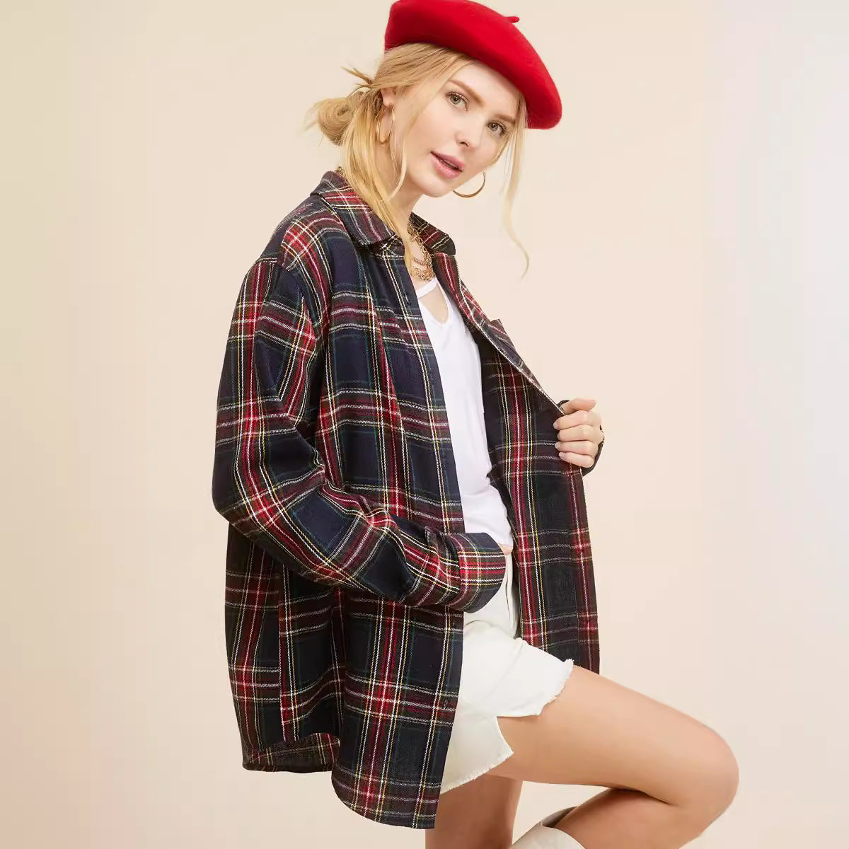 Chaqueta informal a cuadros con bolsillo de láser y botonadura sencilla para mujer