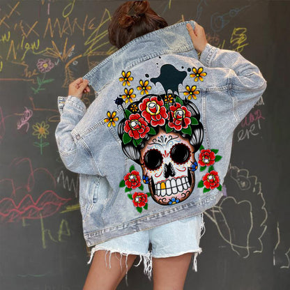 Chaqueta vaquera informal de manga larga con estampado gráfico y botonadura sencilla para mujer
