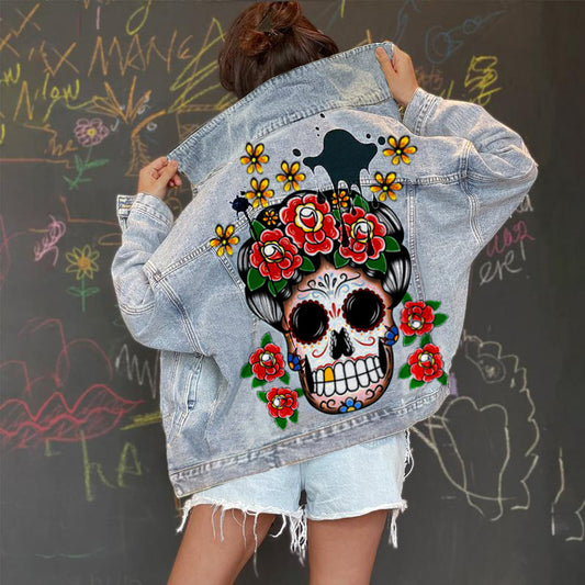 Chaqueta vaquera informal de manga larga con estampado gráfico y botonadura sencilla para mujer