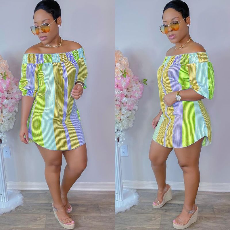 Women Casual Edgy Fashion Irregular Hem Color Blocking Stripe Loose Off-the-shoulder Short Sleeves Dress