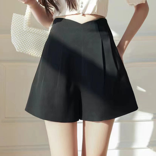 Pantalones cortos casuales vintage de color sólido con cintura alta para mujer