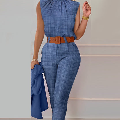 Women Fashion Casual Geometric Floral Printed Vest Casual Pants Two-Piece Set Without Jacket