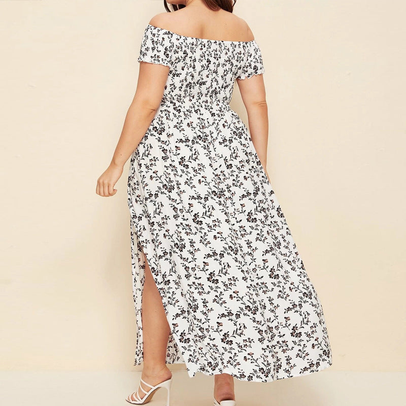 Women Plus Size Casual Bohemian Floral Print Off Shoulder Slit Maxi Dress