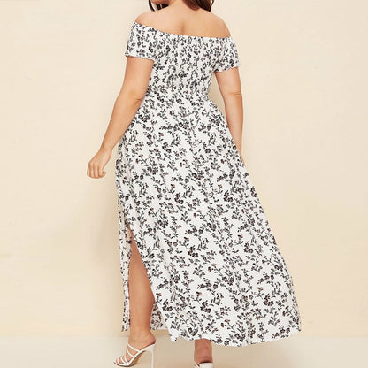 Women Plus Size Casual Bohemian Floral Print Off Shoulder Slit Maxi Dress