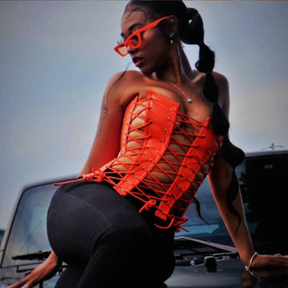 Women Fashion Casual Strapless Strap Fish Bone Imitation Leather Waist Top