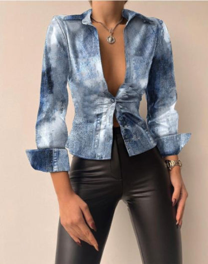 Camisa de manga larga con cuello en V y estampado informal a la moda para mujer