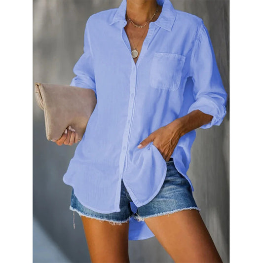 Camisa informal con botones de color liso y talla grande para mujer