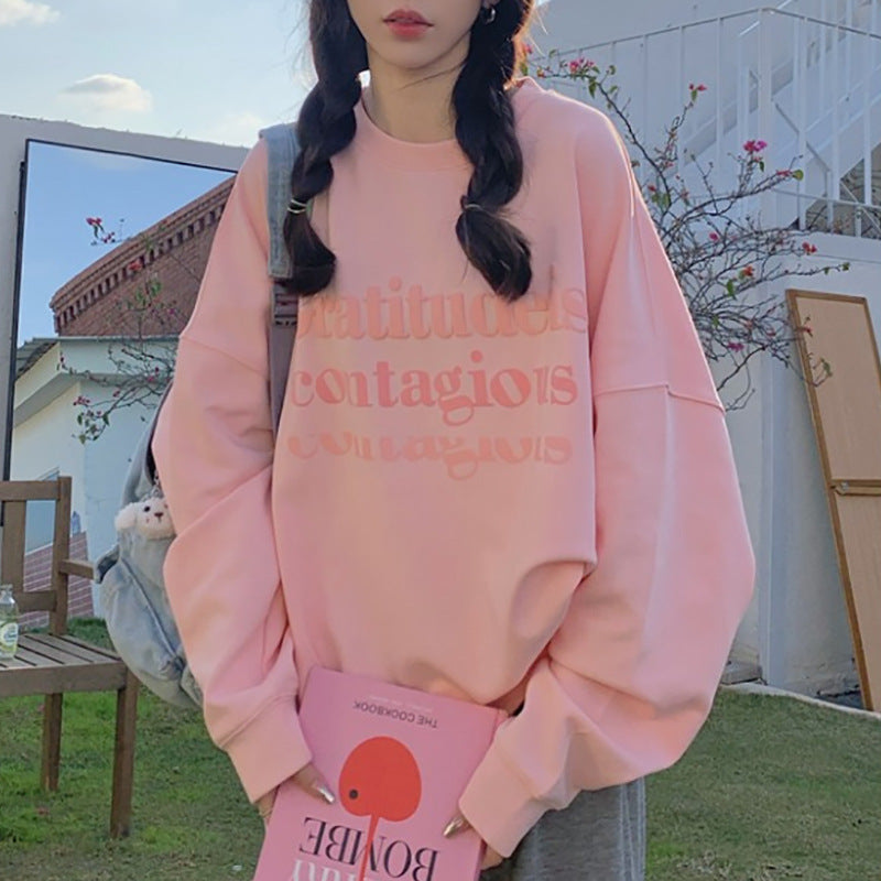 Women Street Casual Alphabet Print Round Neck Loose Sweatshirt