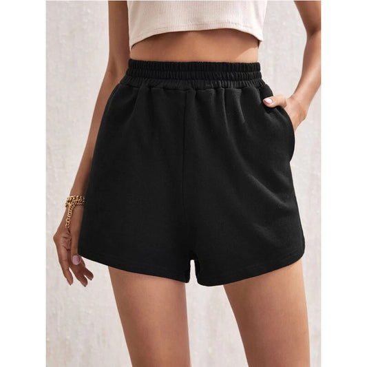 Pantalones cortos holgados de cintura elástica de color liso para mujer, estilo casual deportivo