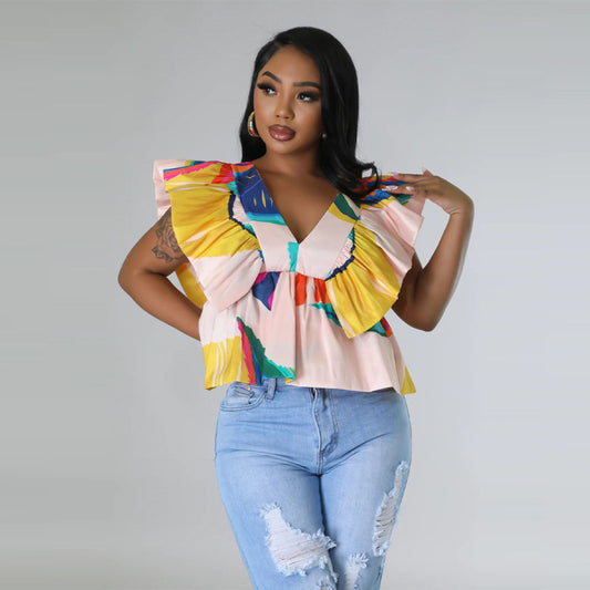 Blusa informal de manga corta con cuello en V y estampado floral arrugado para mujer