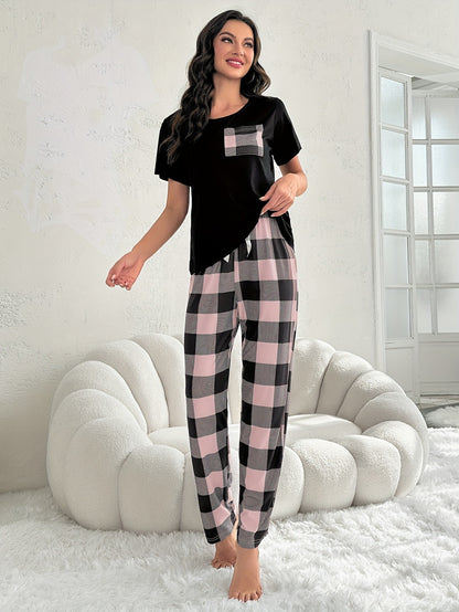 Conjunto de pijama informal a cuadros para mujer de dos piezas