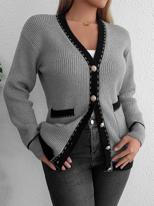 Chaqueta cárdigan de punto de manga larga informal de moda para mujer de otoño e invierno