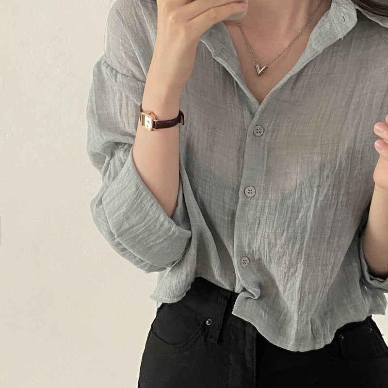 Camisa informal de manga larga con pliegues para mujer
