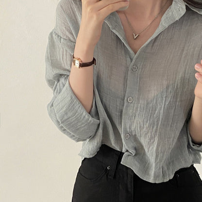 Camisa informal de manga larga con pliegues para mujer