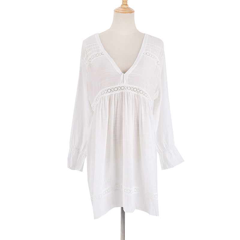 Women Solid Color V Neck Lace Lace Long Sleeve Loose Casual Beach Swimsuit Cover Up