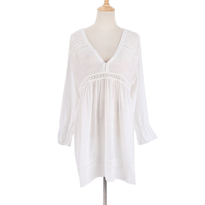 Women Solid Color V Neck Lace Lace Long Sleeve Loose Casual Beach Swimsuit Cover Up