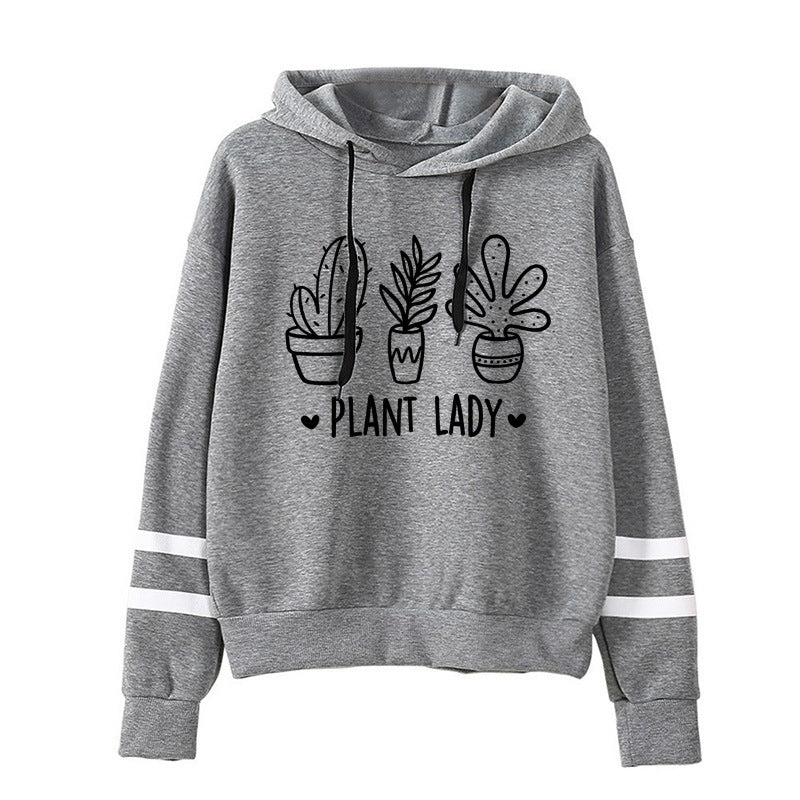 Sudadera con capucha holgada informal con estampado de cactus y barras paralelas para mujer
