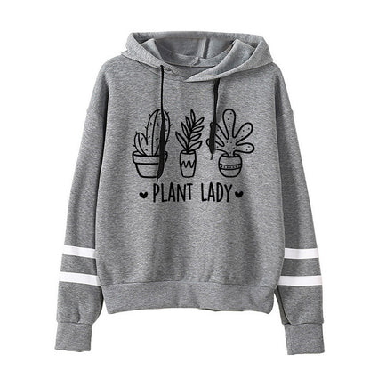 Sudadera con capucha holgada informal con estampado de cactus y barras paralelas para mujer