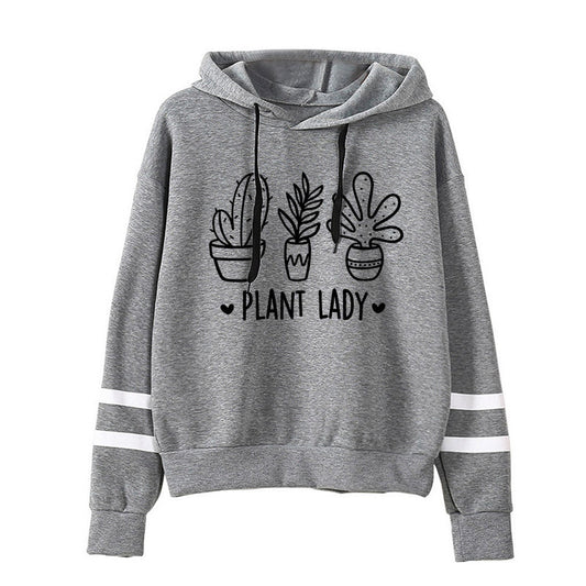 Sudadera con capucha holgada informal con estampado de cactus y barras paralelas para mujer