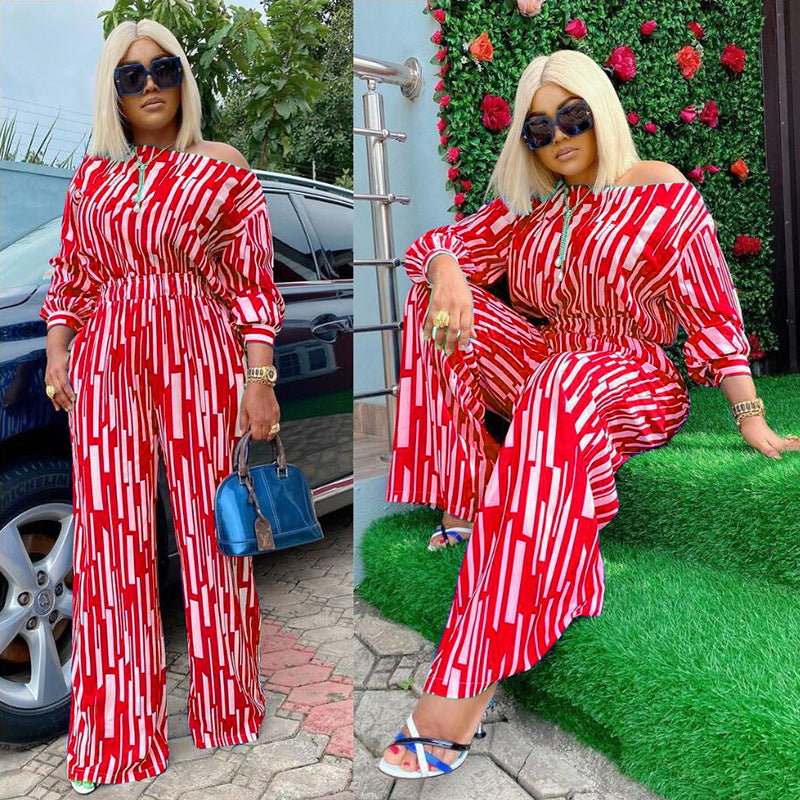 Plus Size Women Stripe Print Long-Sleeved Shoulder Loose Casual Two Pieces Suit