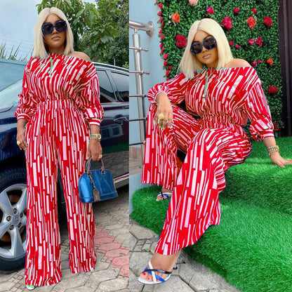 Plus Size Women Stripe Print Long-Sleeved Shoulder Loose Casual Two Pieces Suit