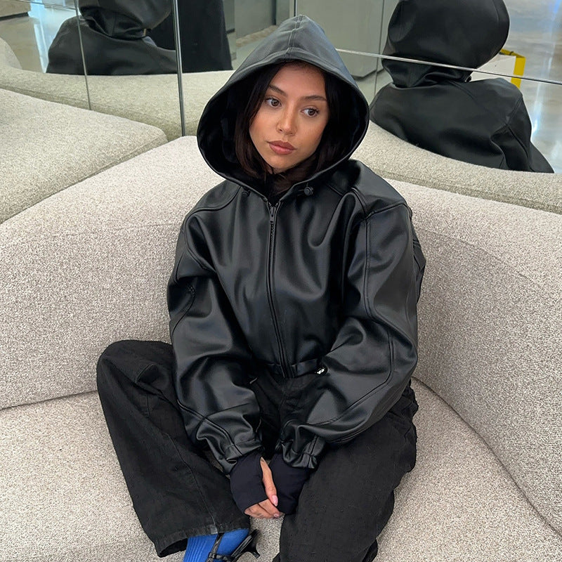 Women Fashion Casual Solid Color Pu Leather Long Sleeve Pleated Zipper Hat Jacket