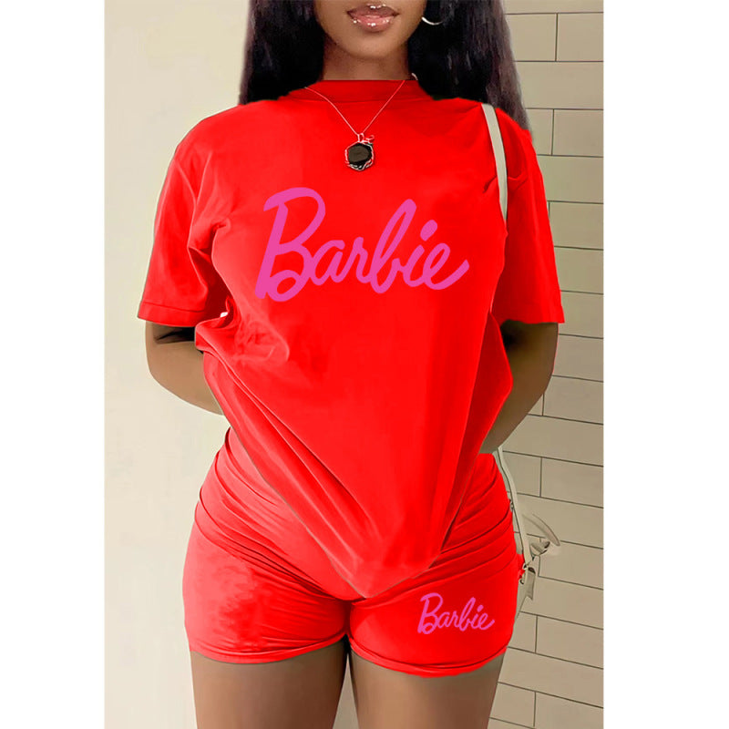 Conjunto de dos piezas con top y pantalones cortos con estampado del alfabeto de Barbie para mujer