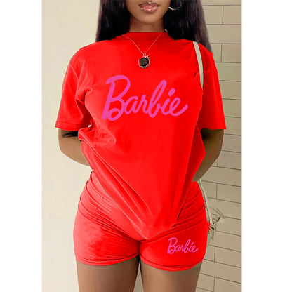 Conjunto de dos piezas con top y pantalones cortos con estampado del alfabeto de Barbie para mujer
