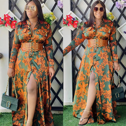Vestido informal con estampado floral y cinturón para mujer, talla grande