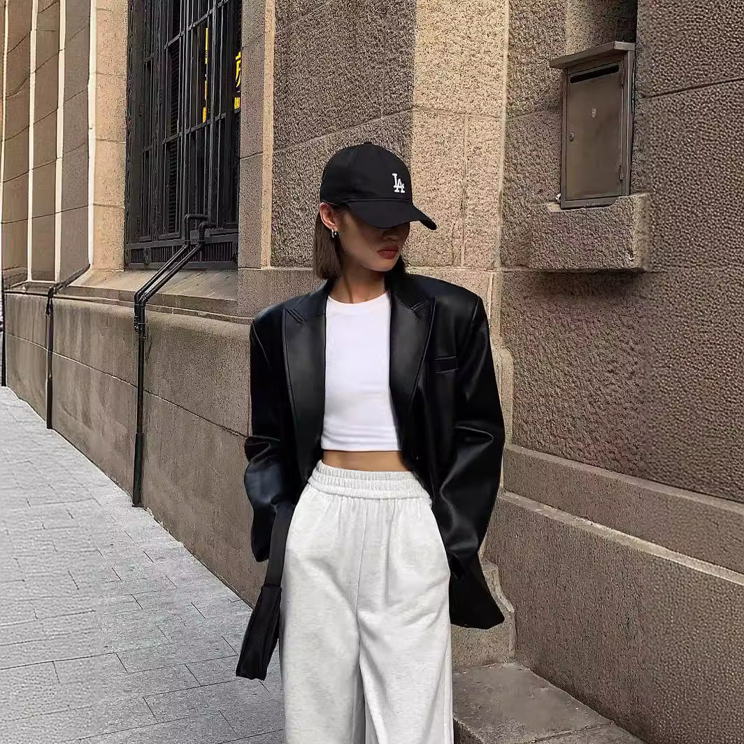 Abrigo de PU de manga larga con solapa informal y holgado para mujer