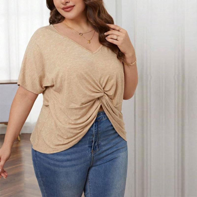 Plus Size Casual Women Solid Color V Neck Short Sleeve Twisted Hemline Loose T-Shirt
