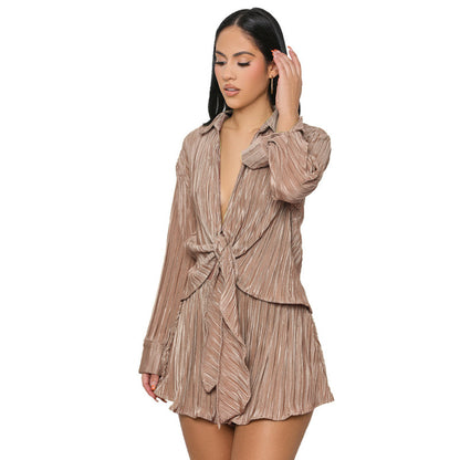 Conjunto de dos piezas para mujer, informal, con dobladillo anudado, manga larga, plisado, a la moda, blusa y pantalones cortos para vacaciones