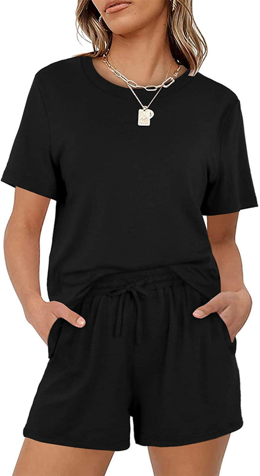 Conjunto de camiseta básica informal de verano para mujer, de manga corta, color liso, con bolsillos y lazo elástico