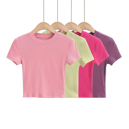 Camiseta informal de verano para mujer, color liso, cuello redondo, manga corta, sin mangas