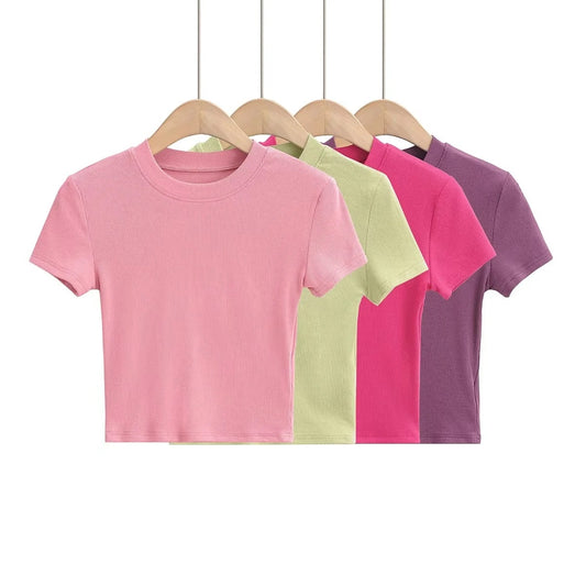 Camiseta informal de verano para mujer, color liso, cuello redondo, manga corta, sin mangas