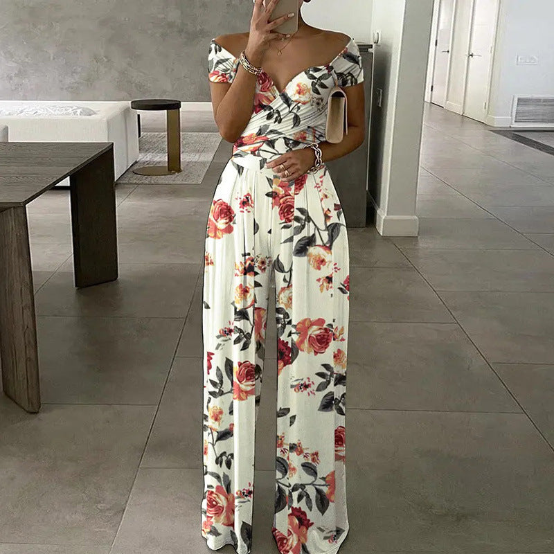 Women Elegant Off-shoulder Floral Print Casual High Waist Wed Leg Jumpsuits
