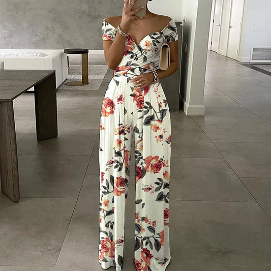 Women Elegant Off-shoulder Floral Print Casual High Waist Wed Leg Jumpsuits