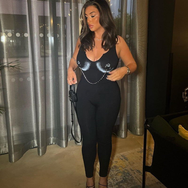 Women Printed Chain V-Neck Slim Fit Casual Jumpsuit