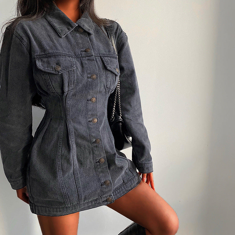 Women Denim Lapel Long Sleeve Button Waist Casual Dress