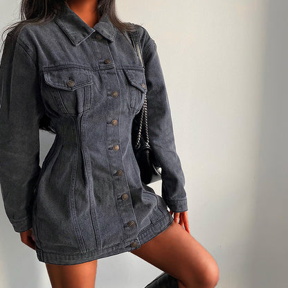 Women Denim Lapel Long Sleeve Button Waist Casual Dress