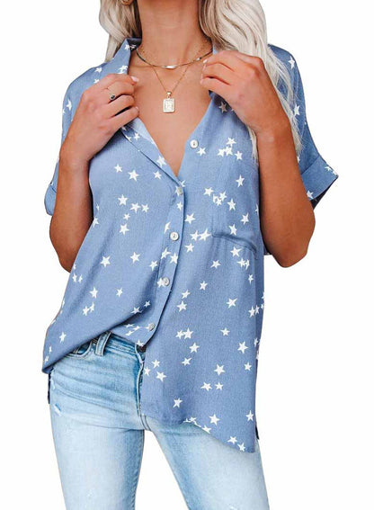 Summer Casual Women Star Print V-Neck Bat Short Sleeve Shirt Blouse