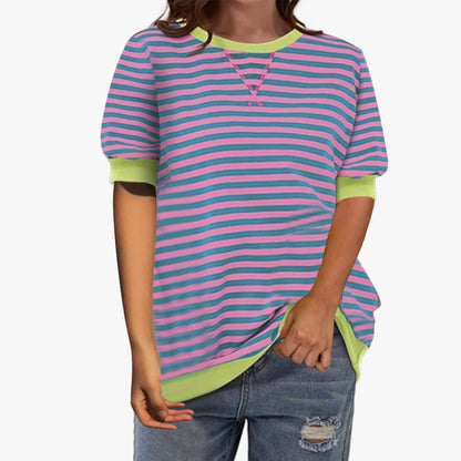Camiseta informal sencilla de manga corta con estampado de rayas y cuello redondo con bloques de color para mujer