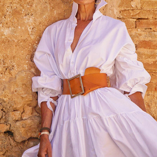 Women'S Fashion Elegant Lapel Solid Color Long-Sleeved Casual Mid-Length Large Swing Shirt Dress