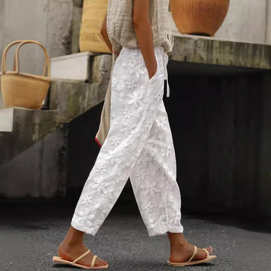 Pantalones cortos casuales con cordones y bordado floral de verano para mujer