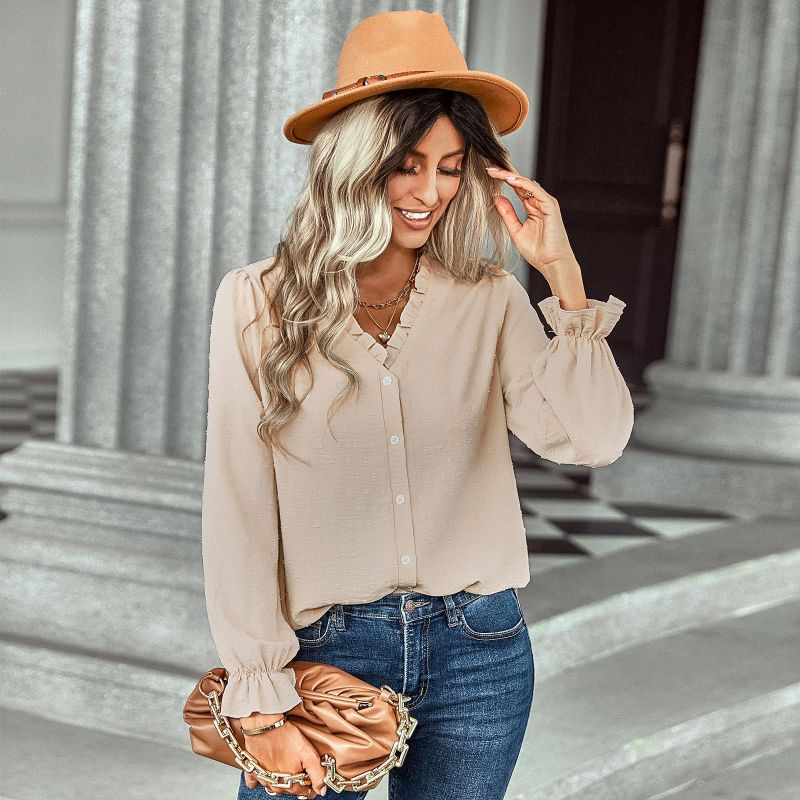 Blusa elegante informal con volantes y lunares, color liso, escote en V, para mujer