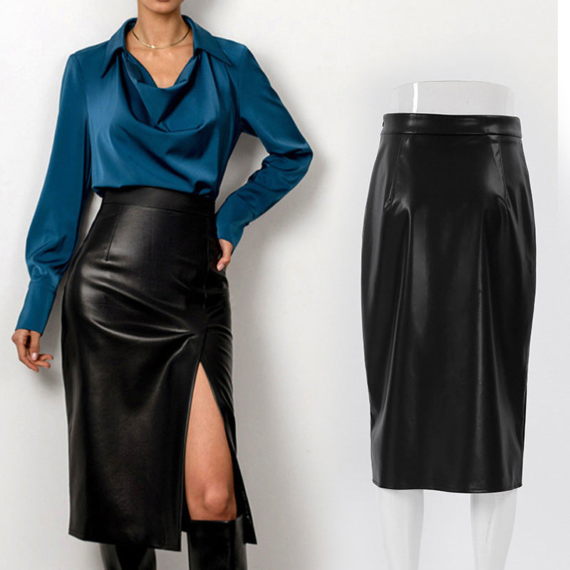 Spring And Autumn Women Casual Pu Leather Split High Waist Skirt