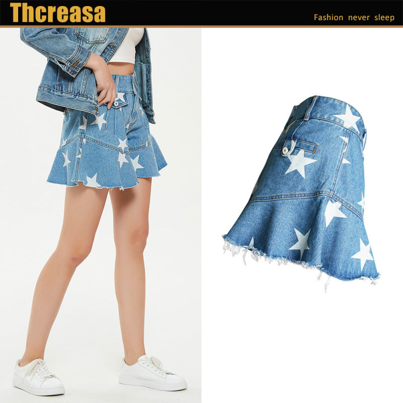 Pantalones cortos vaqueros de pierna ancha con volantes y estampado de estrellas para mujer