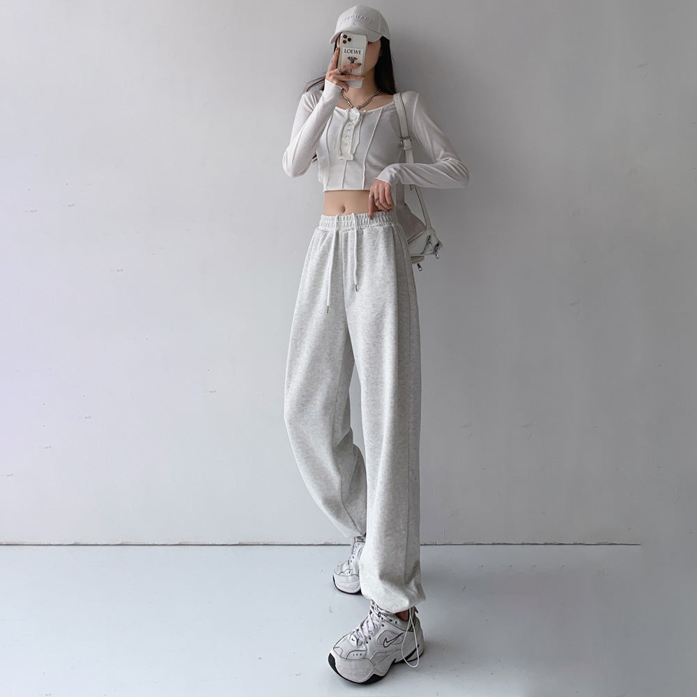 Women Casual Solid Color High Waist Drawstring Sports Pants