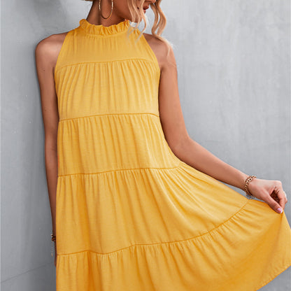 Vestido de verano para mujer, informal, dulce, de color liso, sin mangas, con cuello halter, holgado, corte A