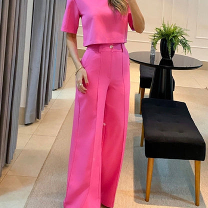Conjunto de 2 piezas de camiseta corta informal de verano para mujer con manga corta y pantalones anchos de cintura alta